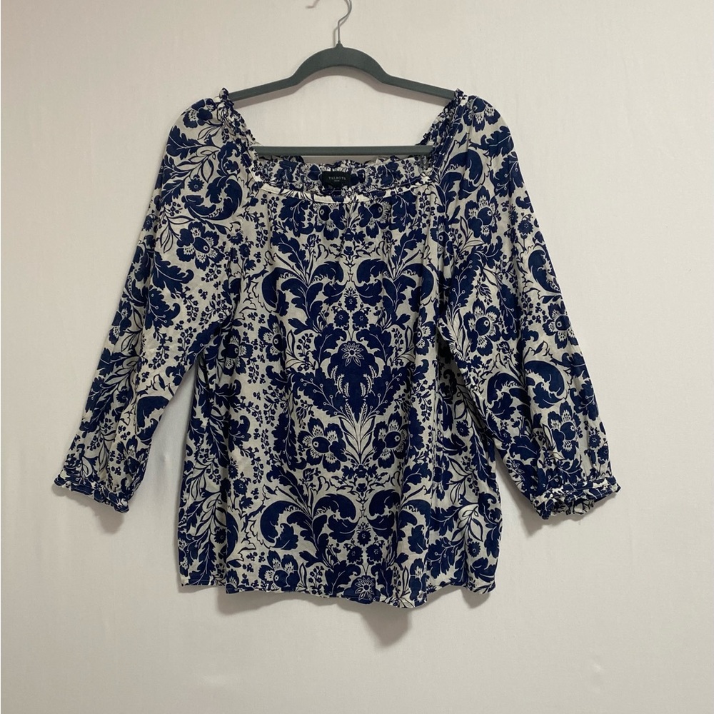 Talbots Navy and White Peasant Blouse